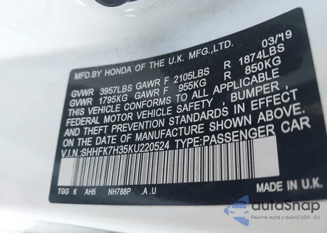 2019 Honda Civic Lx из США, поврежденный, VIN SHHFK7H35KU220524